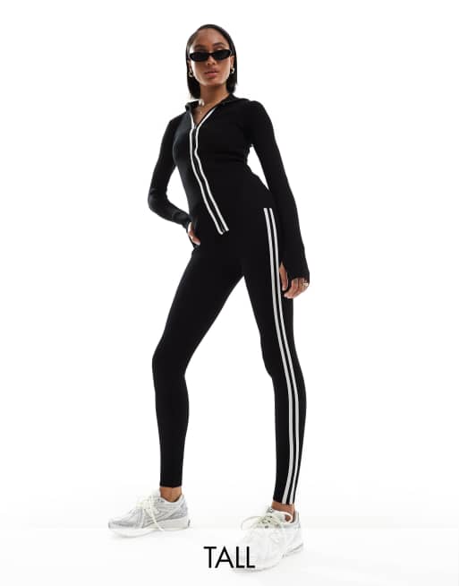 Threadbare Tall – Ski-Strickleggings und Oberteil mit Reißverschluss in Schwarz mit weißem Kontrastdetails
