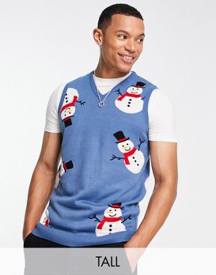 Threadbare Tall Snowman Christmas Sweater Vest In Denim Blue
