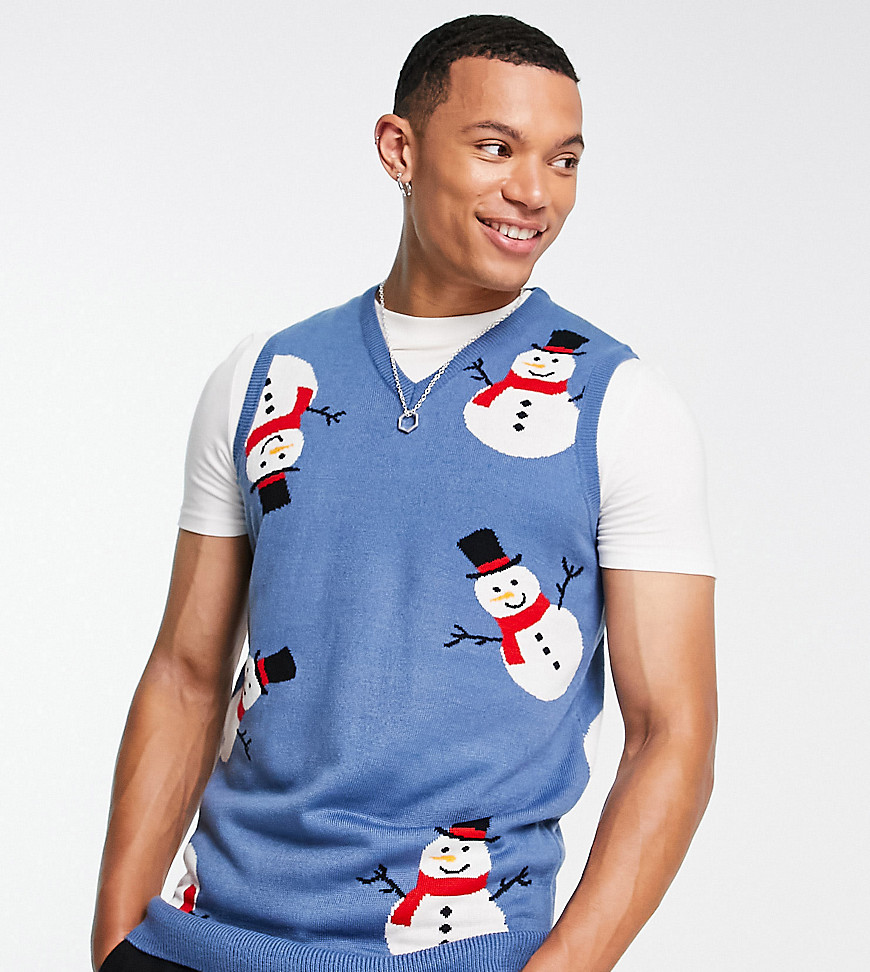 Threadbare Tall Snowman Christmas Sweater Vest In Denim Blue