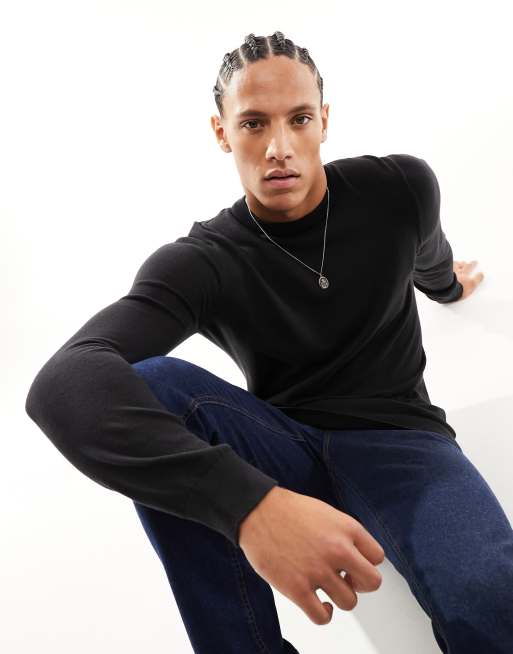 Threadbare Tall - Sort trøje med crewneck i bomuld