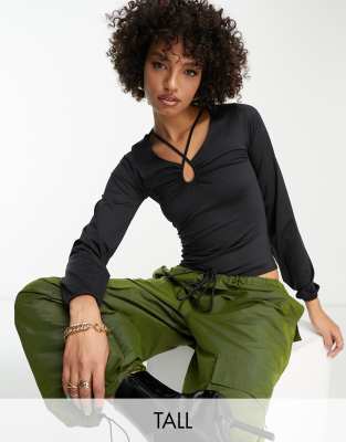 Threadbare Tall super stretch strappy front long sleeve bodysuit in black - ASOS Price Checker