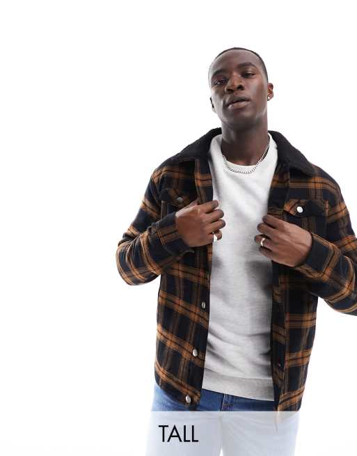 Threadbare Tall – Svartrutig jacka med foder och teddykrage