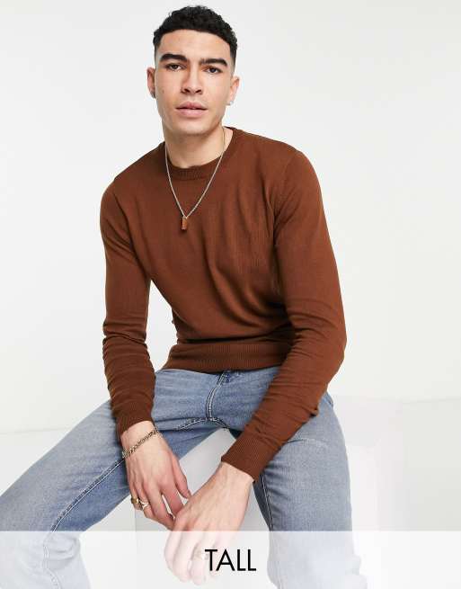 Threadbare Tall – Sweter z okrągłym dekoltem z bawełny w kolorze kasztanowym