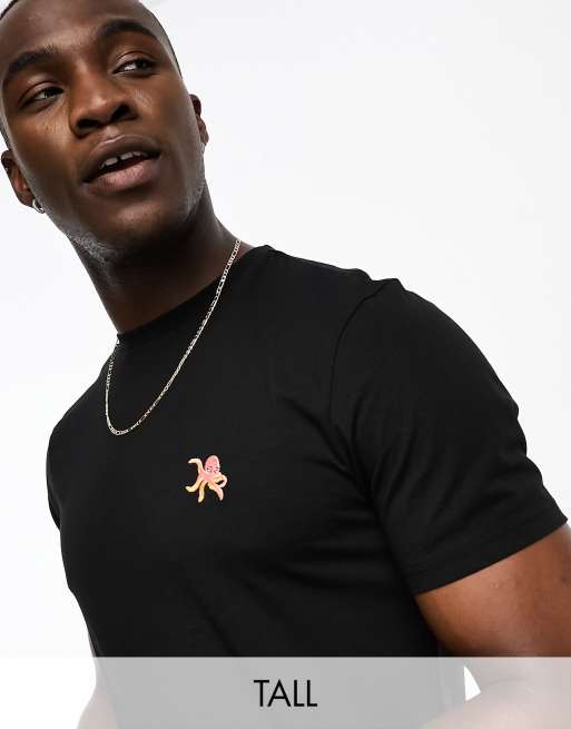 Threadbare Tall - T-shirt nera con ricamo con piovra