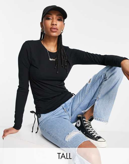 Threadbare Tall - Top a maniche lunghe arricciato su un lato con laccetto, colore nero