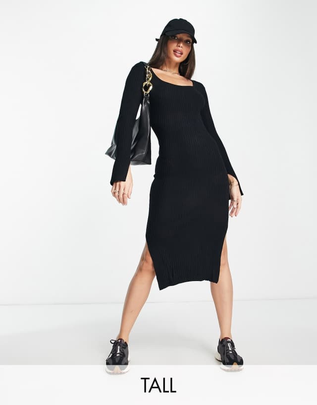 Threadbare Tall Viola square neck knitted midi dress in black