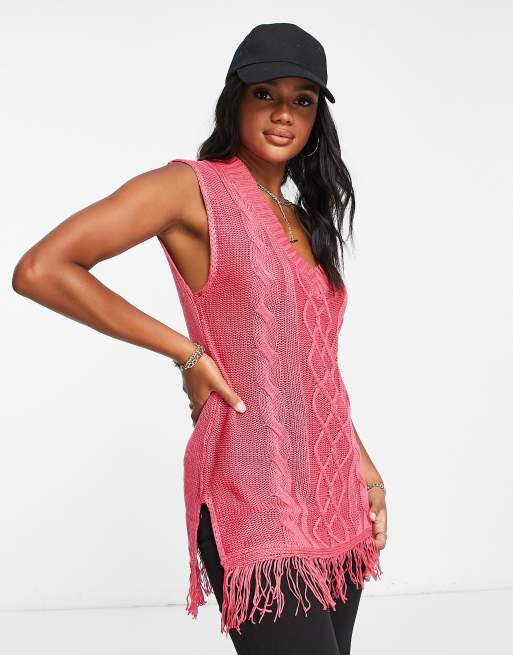 Threadbare Tango sleeveless cable knit v neck sweater with fringe hem in  bright pink