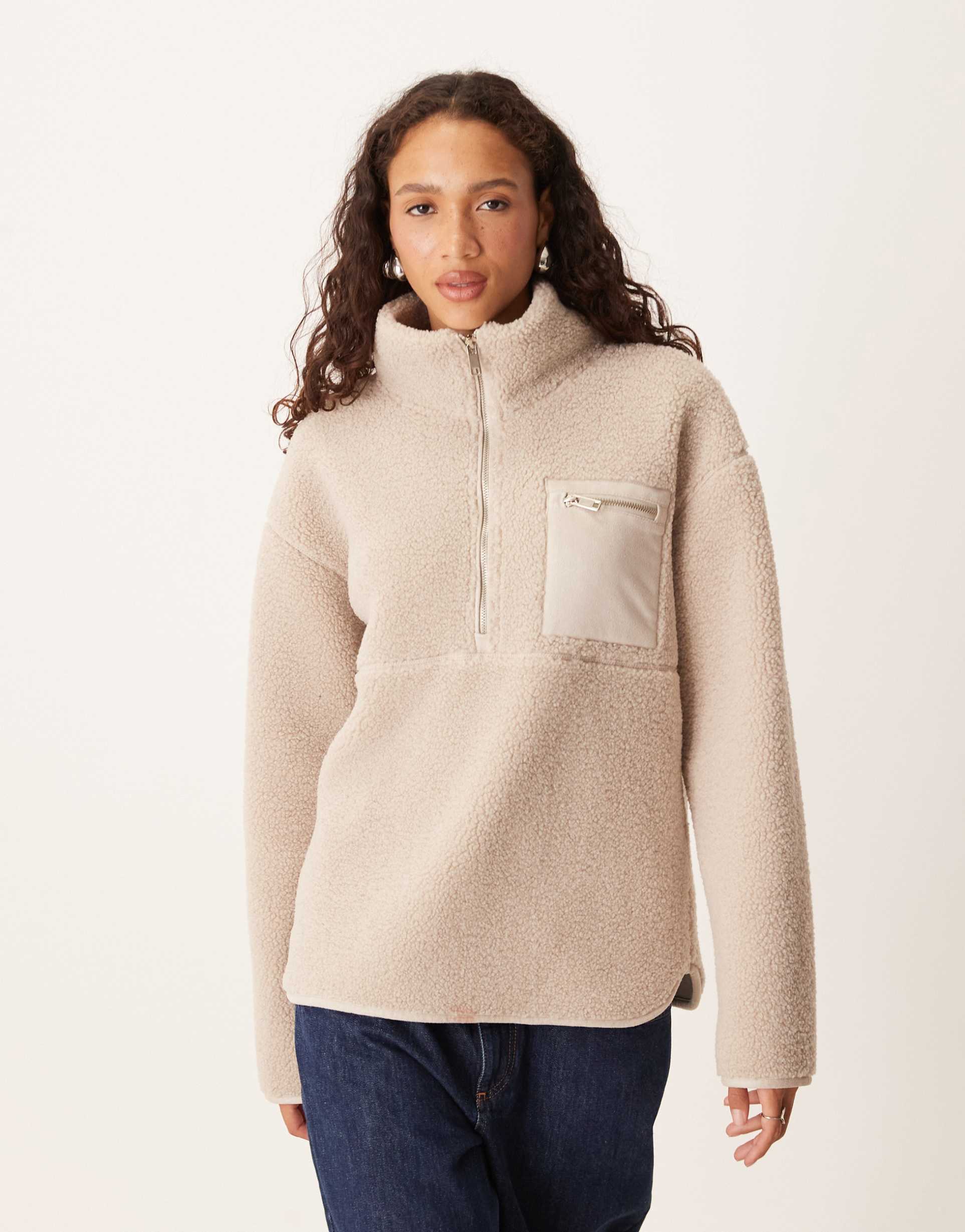 threadbare teddy 1/4 zip fleece sweater with pocket detail in mushroom