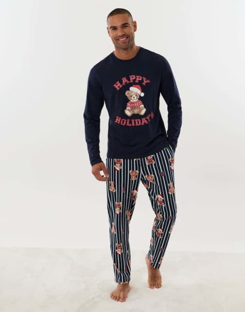 Threadbare Teddy bear pyjama set in navy - view 1