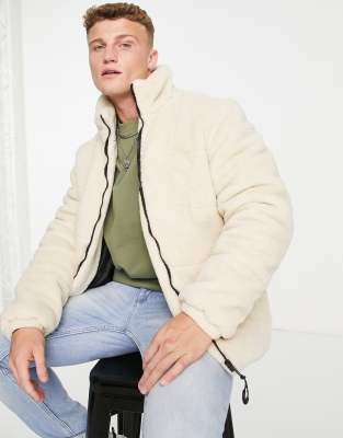 Threadbare Teddy Borg Puffer Jacket In Dark Ecru-white | ModeSens