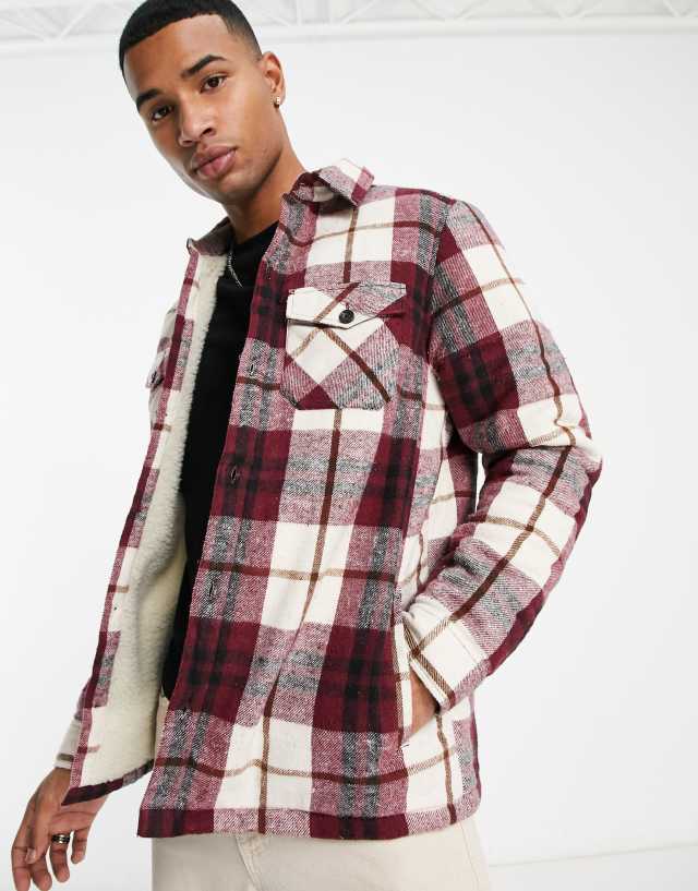 Threadbare teddy lined overshirt check shacket in burgundy & ecru