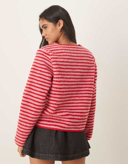 Threadbare – Teddyfell-Jacke mit rosa und roten Streifen, 3 von 4