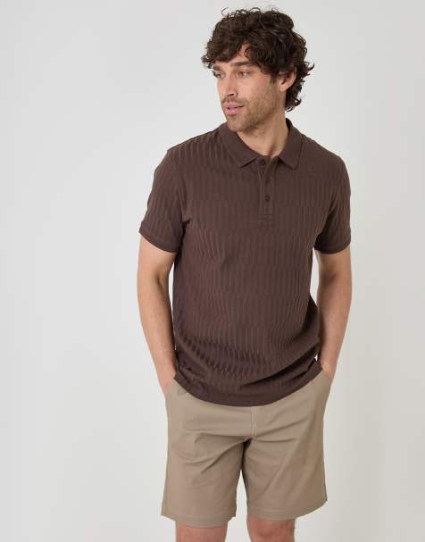 Threadbare Textured cotton polo shirt in chocolate - view 1