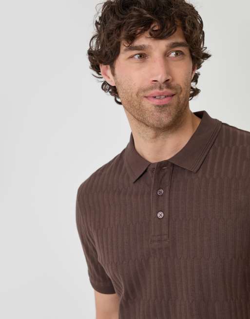 Threadbare Textured cotton polo shirt in chocolate, 3 of 4