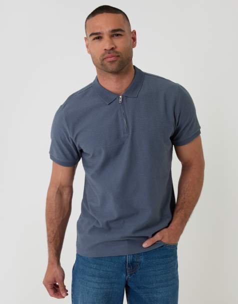 Threadbare Textured cotton quarter zip polo shirt in blue - view 1