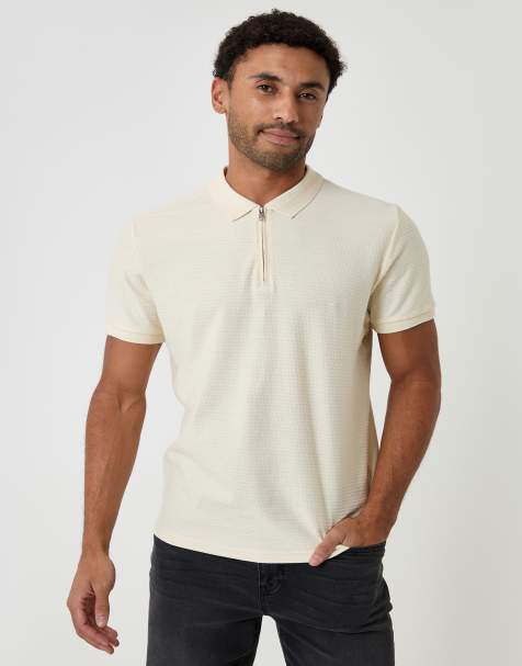 Threadbare Textured cotton quarter zip polo shirt in natural - view 1