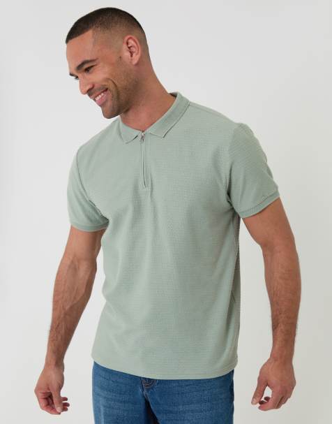 Threadbare Textured cotton quarter zip polo shirt in pale green - view 1