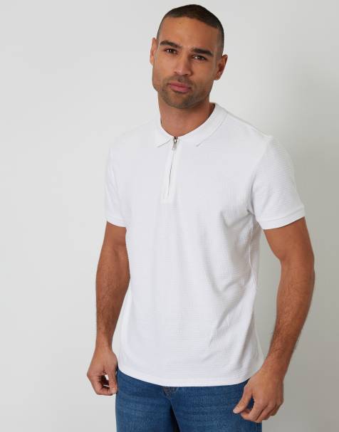 Threadbare Textured cotton quarter zip polo shirt in white - view 1