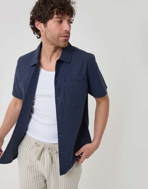Threadbare Textured cotton short sleeve shirt in navy - view 1