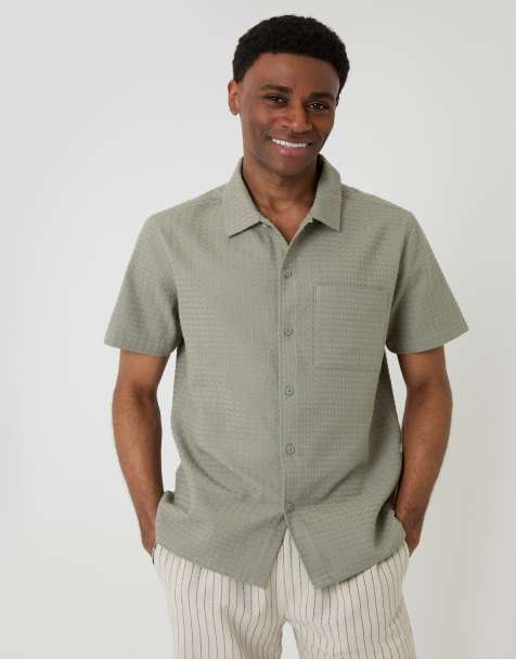 Threadbare Textured cotton short sleeve shirt in pale green - view 1
