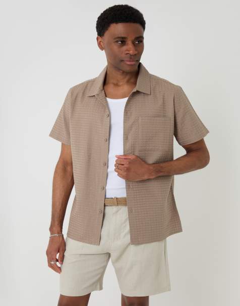 Threadbare Textured cotton short sleeve shirt in taupe - view 1