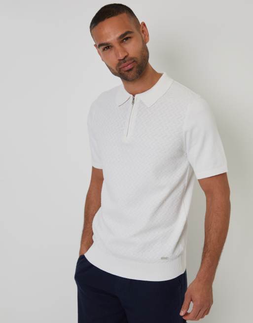 Threadbare Textured front quarter zip knitted polo in natural