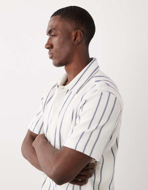Threadbare textured heavyweight short sleeve shirt in blue and ecru stripe, 4 of 5