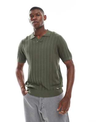 textured knit polo top in khaki-Green