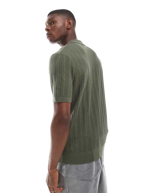Threadbare textured knit polo top in khaki