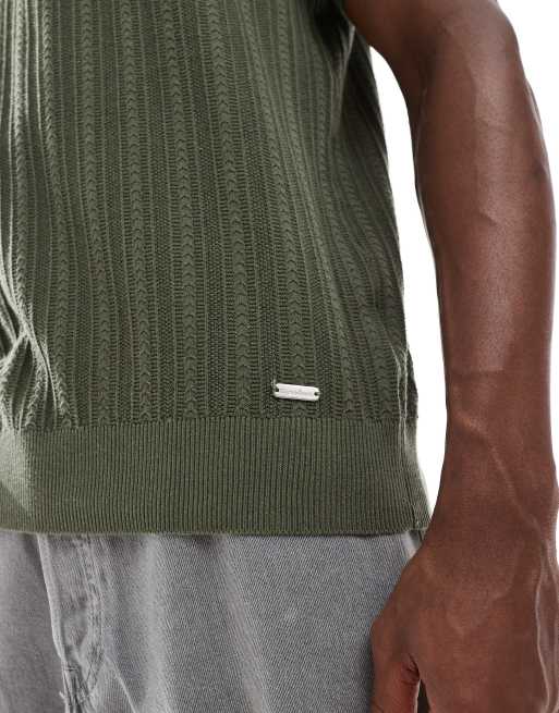 Threadbare textured knit polo top in khaki