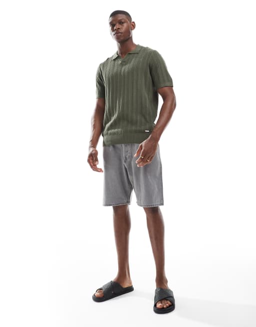 Threadbare textured knit polo top in khaki