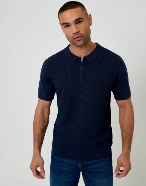 Threadbare Textured knit quarter zip polo in navy - view 1