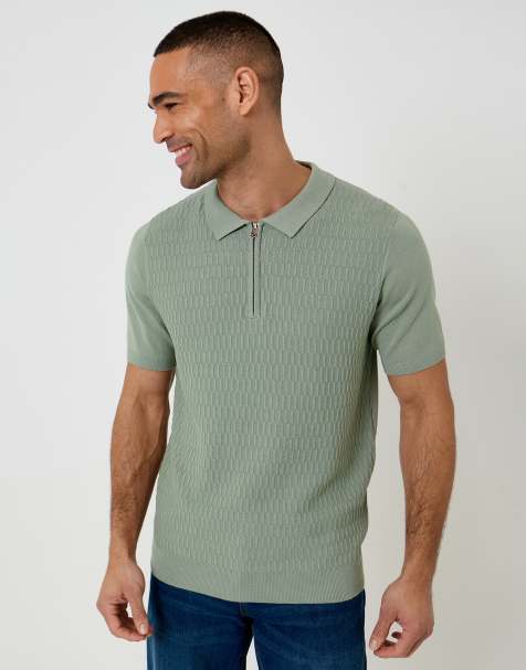 Threadbare Textured knit quarter zip polo in pale green - view 1