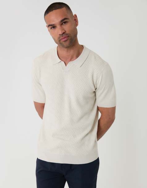 Threadbare Textured knit trophy neck polo in natural - view 1