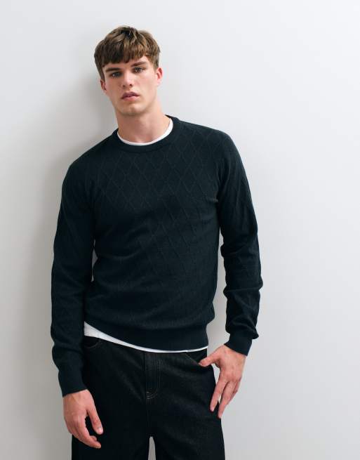 Threadbare textured knitted crew neck jumper in dark green, 2 of 5