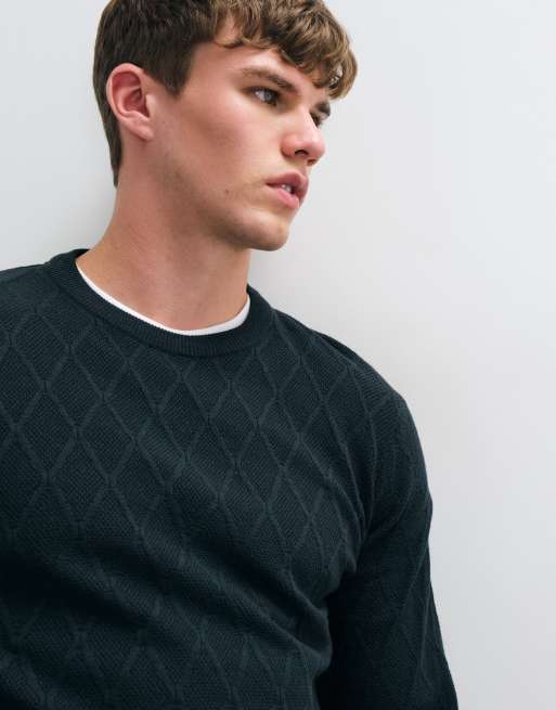 Threadbare textured knitted crew neck jumper in dark green, 3 of 5