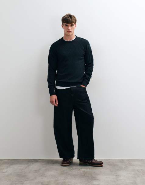 Threadbare textured knitted crew neck sweater in dark green - view 1