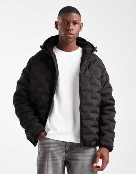 Threadbare textured puffer coat with hood in black - view 1