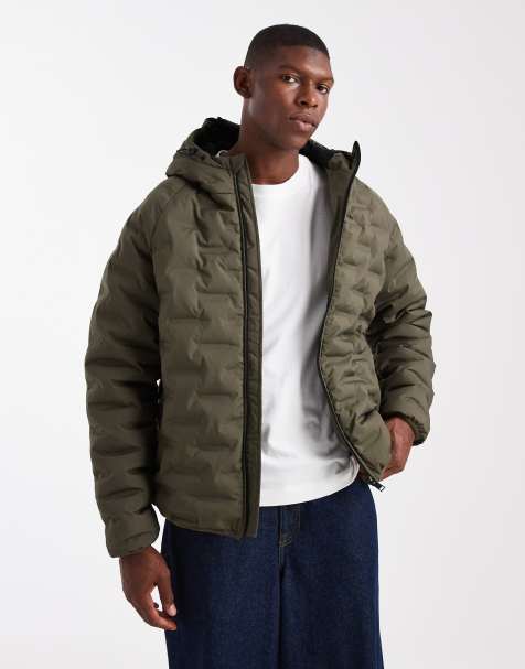 Threadbare textured puffer coat with hood in khaki green - view 1