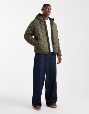 Threadbare Textured Puffer Coat With Hood In Green