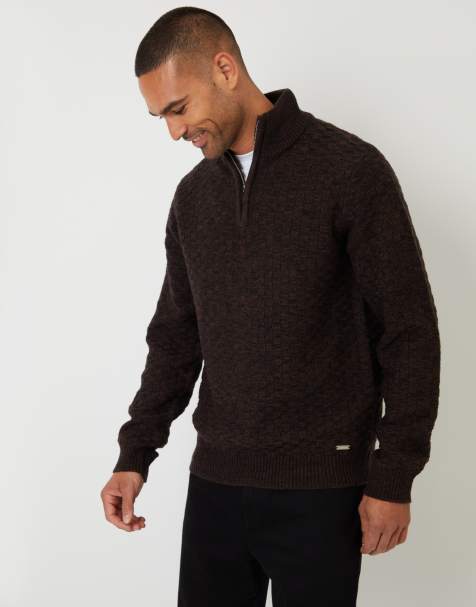 Threadbare Textured quarter zip jumper with wool in brown - view 1