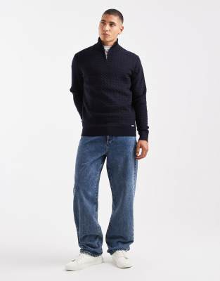 Threadbare Textured Quarter Zip Knit Sweater In Blue