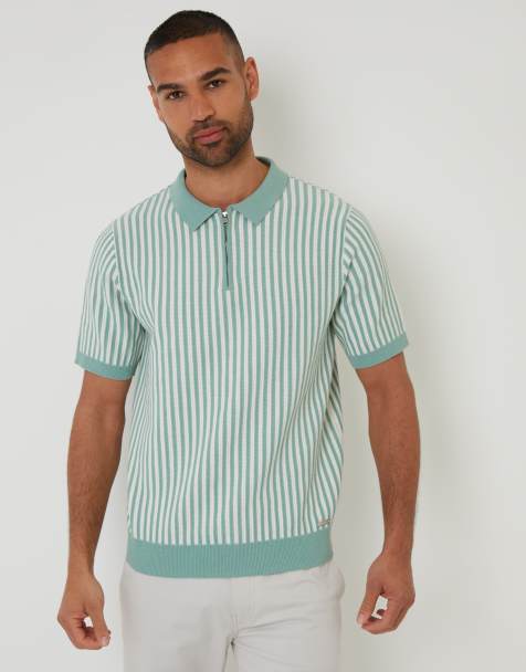 Threadbare Textured quarter zip striped knitted polo shirt in pale green - view 1