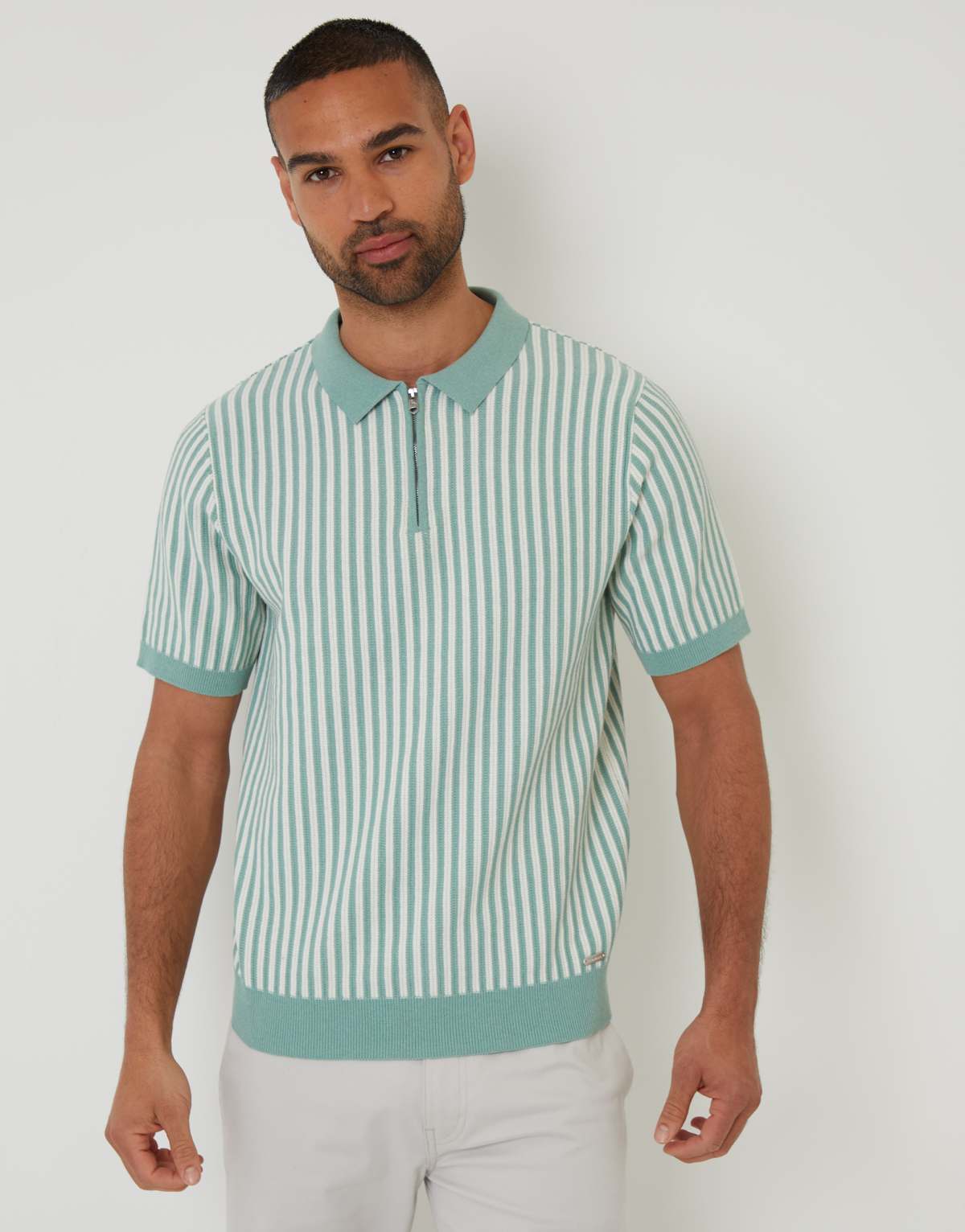 Threadbare Textured quarter zip striped knitted polo shirt in pale green