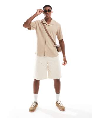 Threadbare Textured relaxed fit short sleeve shirt in stone - view 1