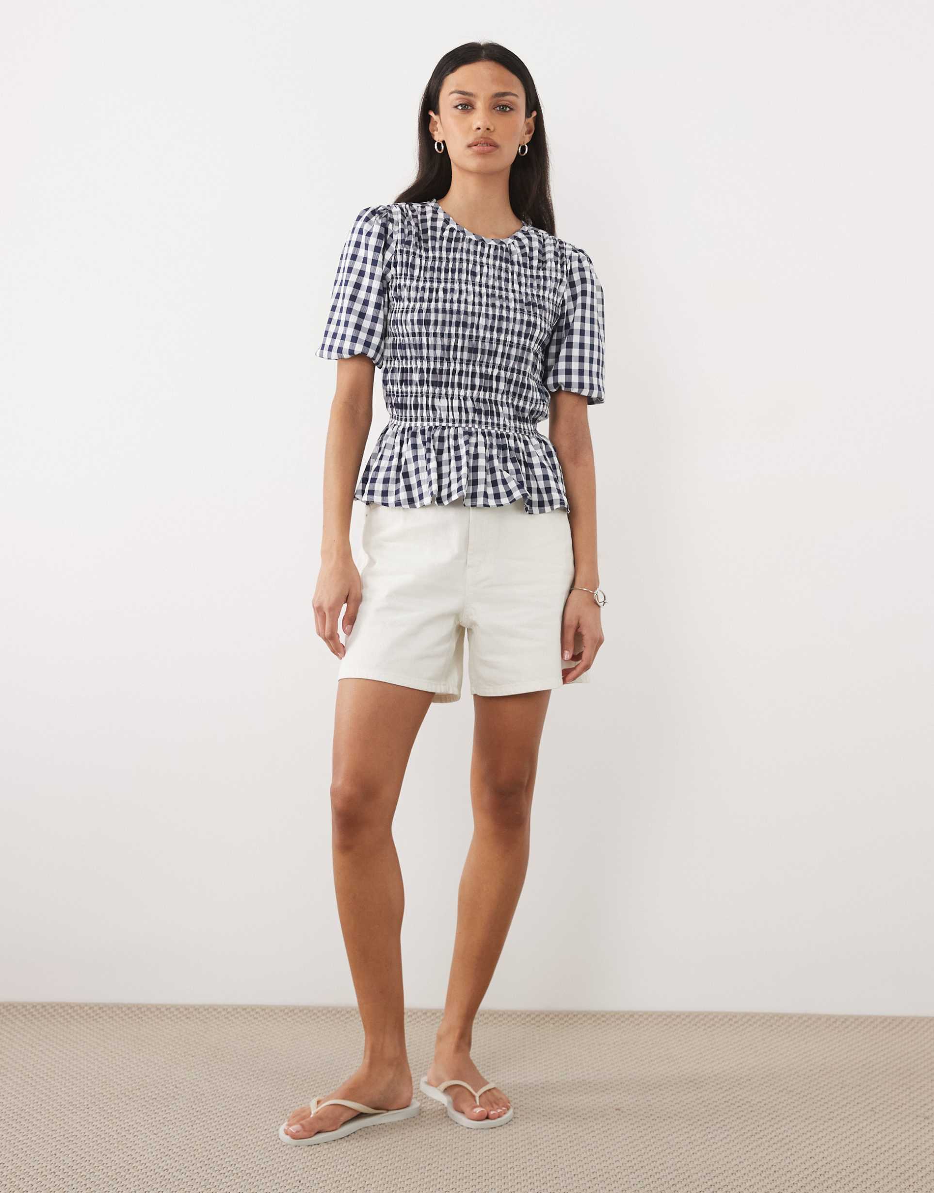 threadbare textured shirred top with puff sleeves in navy gingham