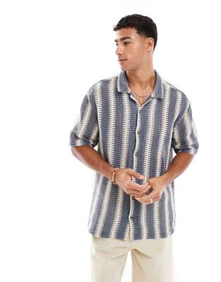 Threadbare textured short sleeve shirt in blue and ecru stripe