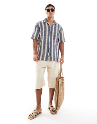 Threadbare textured short sleeve shirt in blue and ecru stripe