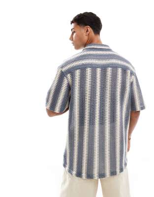 Threadbare textured short sleeve shirt in blue and ecru stripe