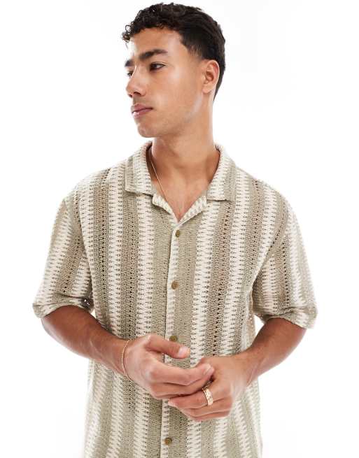 Threadbare textured short sleeve shirt in stone and ecru stripe